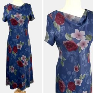 Talbots Vintage 90s Floral Midi Tea Dress Sz 12 Dusty Blue Draped Neck Made USA